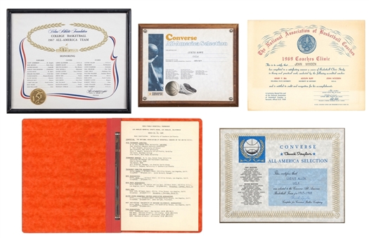 Lot of (6) College Basketball Certificates & Programs Sourced From John Wooden Including Retirement Party Program Signed by Kareem Abdul-Jabbar (Beckett)